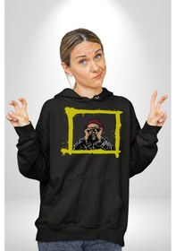 Resim Fantastik Sanatsal Yeni Nesil Kırmızı Bere El İle Dürbün Kadın Erkek Siyah Kapüşonlu Sweatshirt Hoodie Siyah 