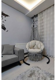 Resim Tek Kişilik Makrome El Örgüsü Salıncak Mis38002grima Salıncak + Minder + Askı Demirli Açık Gri 