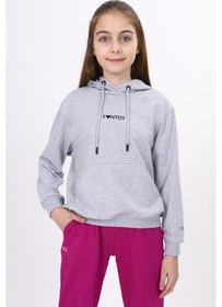 Resim Toontoy Kız Çocuk Oversize Kapüşonlu Cepli Düşük Omuz Baskılı Sweatshirt - 2 İplik Gri Melanj 