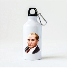 Resim Kişiye Özel Atatürk Tasarımlı Kancalı Alüminyum Beyaz Su Matarası - 600mlt Çok Renkli 