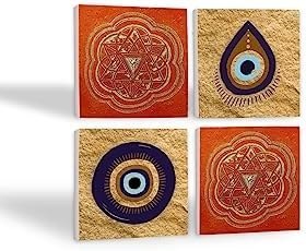 Resim Nazar, Sri Yantra, Mandala Taş Bardak Altlığı Seti - 4 Parça - Dekoratif, Rustik Mutfak Aksesuarı, 10x10 cm, Kaydırmaz Tabanlı, Şık ve Dayanıklı SC521 
