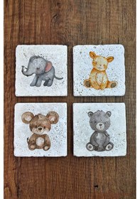 Resim Sevimli Hayvanlar Temalı Doğal Taş Bardak Altlığı - Stone Coasters Çok Renkli 