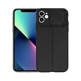 Resim Smcase iPhone 12 Kılıf Lensi Kamera Korumalı Deri Dokulu Silikon Siyah 