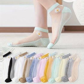 Resim 10 Adet Kadın Papatya Çorap - Nefes Alabilen Hafif Yazlık Çoraplar, Yumuşak Çiçek Nakışlı, Polyester-Spandeks Karışımı ve Kabartmalı Kenar, Pastel Renkler, Rahat Ayakkabı, Şirin Tasarım 