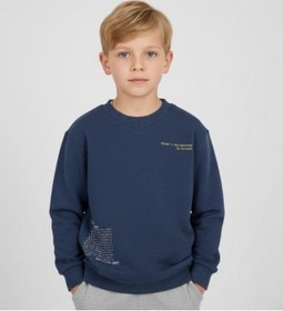 Resim Zekids Erkek Çocuk Pamuklu V Yaka Baskılı Sweatshirt-16702 Indigo 