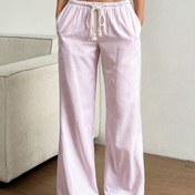 Resim İlkbahar ve Yaz Düz Renk İnce Çizgili Düşük Bel Bağcıklı Düz Pantolon, Kadın Moda Rahat Pijama, Boş Zaman Gezileri ve Buluşmalar için Uygun 