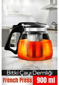 Resim Süzgeçli French Press Cam Demlik 900 Ml Bitki Çayı Demliği 