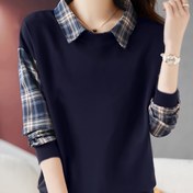 Resim 1 adet Kadın Rahat Polo Yaka Sweatshirt, Polyester Örgü Uzun Kollu Ekose Desenli, Her Mevsim İçin Şık Kazak 