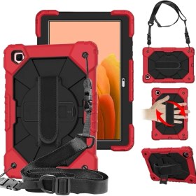 Resim VShop Samsung Galaxy Tab A7 T500 / T505 Için Stant ve Omuz Askılı Renkli Düşmeye Dayanıklı Silikon + Pc Koruyucu Kılıf--Kırmızı + Siyah (Yurt Dışından) 