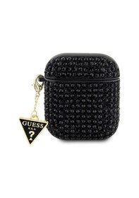 Resim Apple Uyumlu AirPods Kılıf Guess Lisanslı Parıltılı Taş Kaplamalı Üçgen Logo Süs Zincirli Siyah 