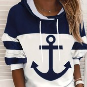Resim Çapa Baskı İpli Kapüşonlular, Günlük Renk Bloklu Uzun Kollu Sweatshirt, Kadın Giyim 