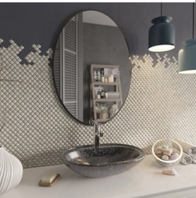 Resim 30x42 Cm Modern Oval Banyo Aynası Siyah Çerçeveli Dekoratif Duvar Aynası Siyah 