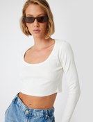 Resim Uzun Kollu Crop Tişört Fitilli Derin Yuvarlak Yaka Pamuklu Slim Fit 