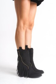 Resim Yazın Ayakkabıları SİYAH SÜET YANI PÜSKÜL DETAYLI KOVBOY ÇİZME 