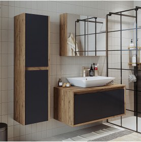 Resim ROOMART Roomarttm7.3 Lavabolu Ahşap-antrasit Mdf 100cm Banyo Dolabı+aynalı Banyo Üst Dolabı+banyo Boy Dolabı 