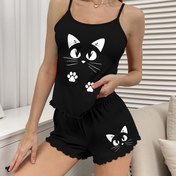 Resim İnce Askılı Şortlu + Kedi Desenli Üstlü Rahat Kadın Pijama Takımı, 2 Parça 