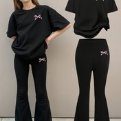 Resim Avrupa ve Amerikan Moda Kız Çocukları için Fiyonk Baskılı Kısa Kollu Üst + Moda Boynuz Sıkı Fiyonk Baskılı Pantolon Takımı İki Parça, Dış Aktiviteler İçin Uygun 