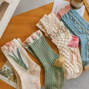 Resim Çizgili ve Çiçekli Lale Desenli Kadınlar için 4 Çift Vafli Orta-Baldır Çorapları - Yumuşak Esnek Polyester-Spandeks Karışımı, Makinede Yıkanabilir, Pastel Renkler Günlük & Bahçe Partisi Stili 