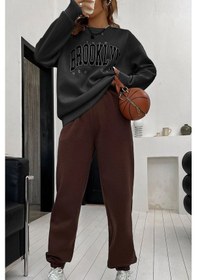 Resim 1898 Brooklyn Eşofman Takımı Sweatshirt Jogger - Siyah Kahve Baskılı Oversize Şardonlu Bisiklet Yak Siyah Kahverengi 