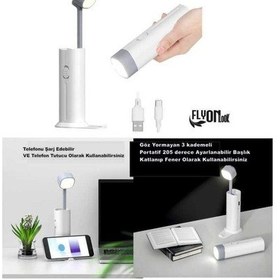 Resim 3+1 Şarjlı Kitap Okuma Lambası , Fener 3 Kademeli ,acil Durum Powerbank Ve Telefon Tutucu Lamba Beyaz 