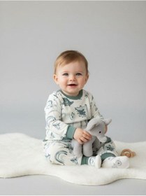 Resim Zekids Erkek Bebek Pamuklu Dinazor Desenli Pijama Takımı-16268 Yeşil 