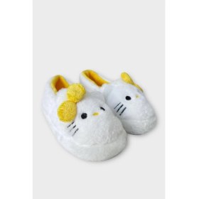 Resim Kışlık Kadın Hellokitty Figürlü Kaydırmaz Taban Ev Ayakkabısı Panduf Beyaz - Sarı 