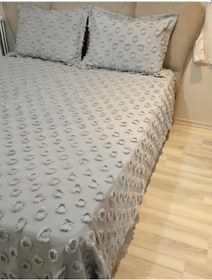 Resim Ponpon Desenli 3 Parça Çift Kişilik Yatak Örtüsü Gri 