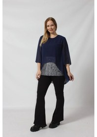 Resim Moda Berray 4048 Şifon -simli Dantel Kombinli Büyük Beden Bluz Lacivert Lacivert 
