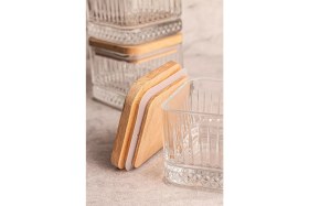 Resim 4’lü Kare Ahşap Kapaklı Cam Kahvaltılık ve Çerezlik, 230 Ml, Şık ve Çok Amaçlı Kullanım 