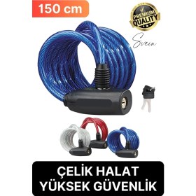 Resim Svein Premium Anahtarlı Çelik Halatlı Dayanıklı Bisiklet Motosiklet Scooter Kilidi 150 cm Güvenli Pratik 