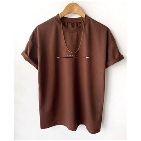 Resim Paris Çizgi Detay T-shirt - Kahverengi Baskılı Oversize Bisiklet Yaka Kısa Kol Kahve 