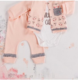 Resim 3-9 Ay Kız Bebek Alt&üst Takımı Kedi 3'lü Hırkalı Somon Somon 