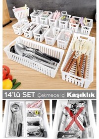 Resim 14 Parça Modüler Kaşıklık Seti - Çok Amaçlı Çekmece İçi Düzenleyici Mutfak Organizer Kepçelik Beyaz 