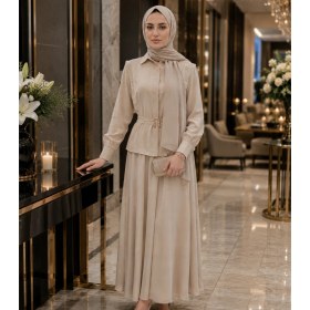 Resim Budan Export Kadın Gold Toka Kemer Detaylı Peplum Bluz Kloş Etekli Gömlek Yaka Uzun Kol Tesettür Ikili Takım 