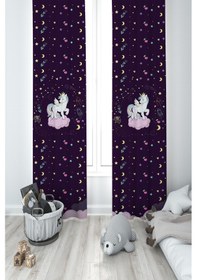 Resim Mekta Home Bebek Ve Çocuk Odası Pembe Bulut Üzerinde Unicorn Desenli Mor 2 Kanat Fon Perde 