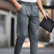 Resim Erkekler için Rahat ve Şık Çizgili Dar Kesim Pantolonlar - Açık Gri, Polyester, Tüm Mevsimler İçin İş Pantolonları, Rahat Kıyafetler|Çizgili Desen|Polyester Kumaş 