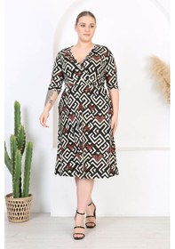 Resim Kadın Siyah Beyaz Geometrik Desen Kruvaze Yaka Esnek Bel Büyük Beden Elbise Siyah 