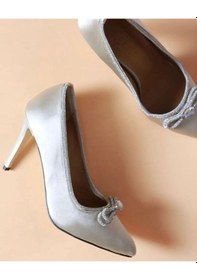 Resim Feles Saten Kumaş Taşlı Kadın Stiletto Ten-Saten 