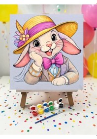 Resim Şapkalı Tavşan Tuval Boyama Aktivite Seti 19x19 Cm Tuval, Şövale, Fırça Ve 6 Renk Akrilik Boya Seti 