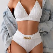 Resim Yeni Sınır Ötesi İhracat Avrupa ve Amerikan Tarzı Su Dalgası Kumaşlı Zincir Detaylı İki Parçalı Seksi Bikini Takımı 