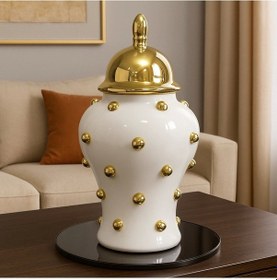 Resim Gold Kapaklı Dekoratif Boncuklu Seramik Kavanoz Bb 45x25 Beyaz 