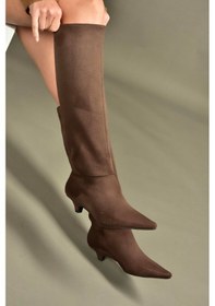 Resim V404012302 Kahverengi Süet Kısa Topuklu Kadın Çizme Kahverengi 