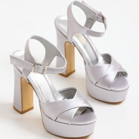 Resim FORS SHOES Gümüş Saten Kalın Platform Kadın Abiye Ayakkabı 12 Cm 