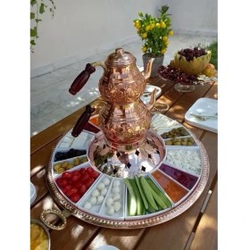 Resim El Işçiliği Bakır Çaydanlıklı 55 cm Kahvaltı Sunum Seti – 12 Parça Seramik Tabaklı, Geleneksel Kahvaltılık Takımı 