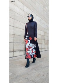 Resim Moda Kadın Tesettür Bisiklet Yaka Çiçekli Uzun Kollu Mikro Midielbise Siyah 