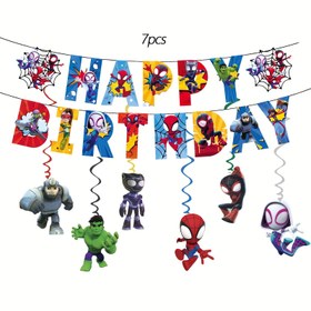 Resim 7 Parça Marvel Spider-Man ve Eğlenceli Arkadaşları Parti Malzemeleri Seti, Doğum Günü Afişi & Asma Süslemeler - Spider-Man Temalı Dekorasyonlar İçin 