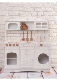 Resim Boyalı Beyaz Ahşap Oyuncak Bulaşık Makine Detaylı Mutfak Tabak Ve Spatula Seti Hediye 