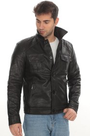 Resim Erkek Jumbo Hakiki Koyun Derisinden Düğmeli Deri Ceket/Mont EDC111 (Standart Kalıp) - 2XL 