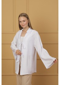 Resim Doğal Viskon Kumaş Cepli Bağcıklı Kadın Kimono 1167 Hafif, Dökümlü, Akışkan, Yazlık Model Beyaz 