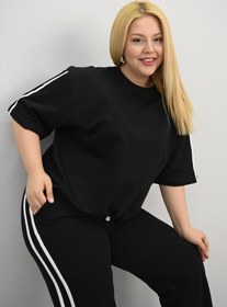 Resim Kadın Büyük Beden Şerit ve Bel Büzgü Detaylı Kısa Kollu Eşofman Takımı 8197-25 - XXL / Bebe Mavi 